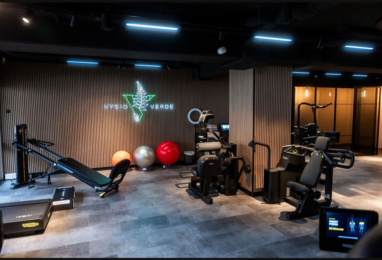 Ein moderner Fitnessraum mit Geräten und bunten Gymnastikbällen vor Holzvertäfelungen.