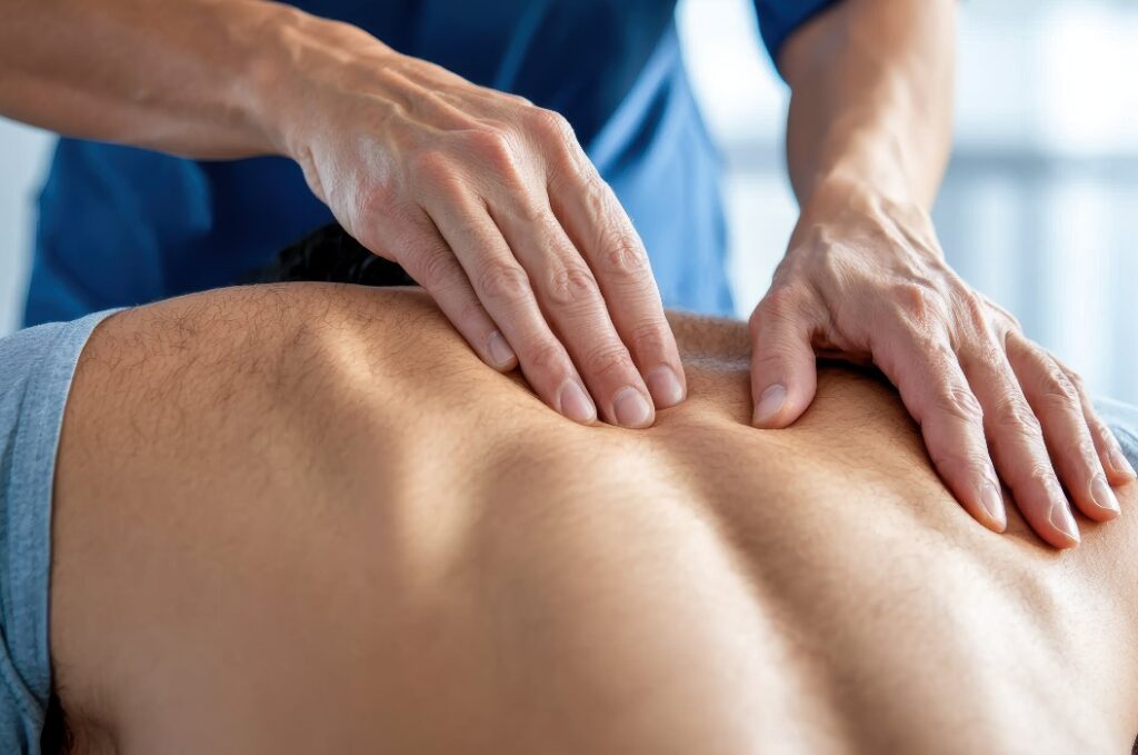 Physiotherapeutin bei der manuellen Therapie am Rücken eines Patienten, die Entspannung und Heilung fördert