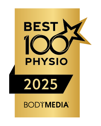 Goldenes Abzeichen mit schwarzer Schrift Best 100 Physio 2025 und Sternenmotiv