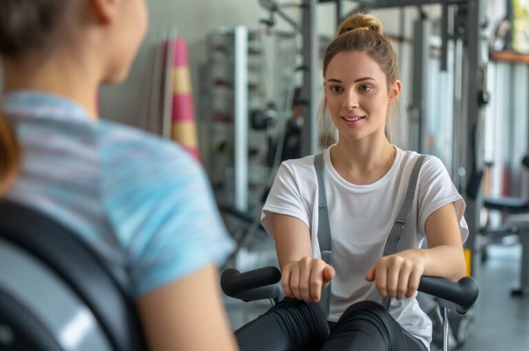Therapeutin betreut eine Patientin bei Übungen mit modernen Geräten.