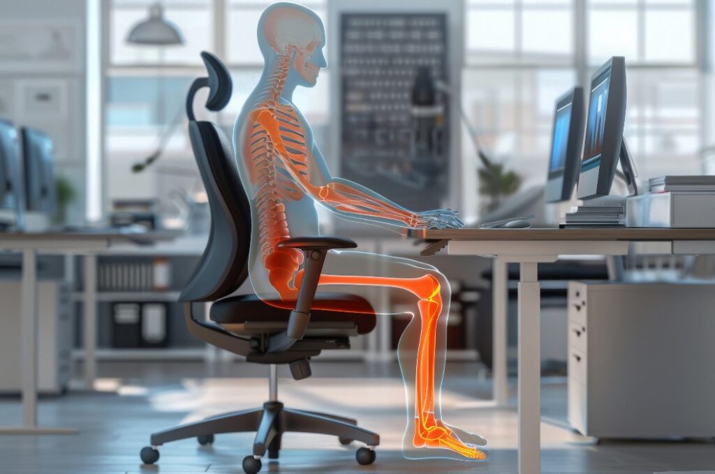 Eine digitale Illustration eines menschlichen Skeletts, das an einem Schreibtisch sitzt und die richtige Körperhaltung veranschaulicht.